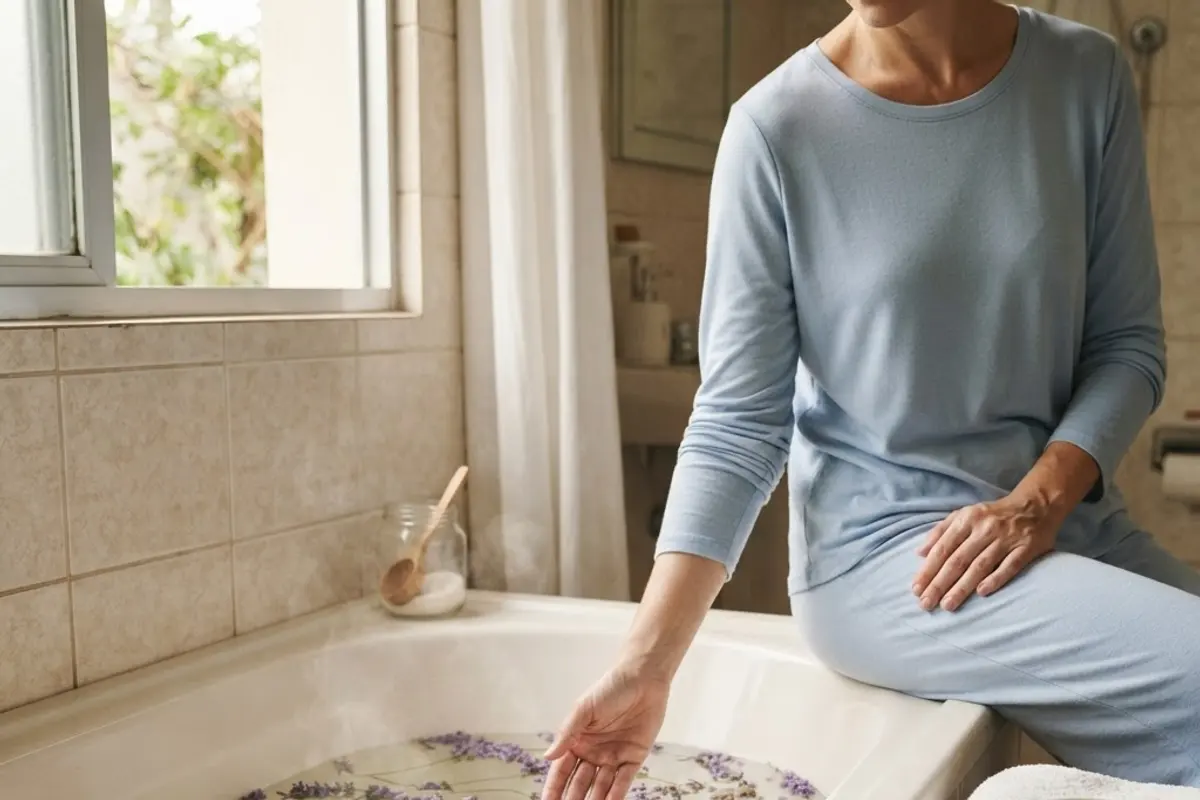 Banheira com água morna e flores de lavanda flutuando, toalha branca dobrada ao lado