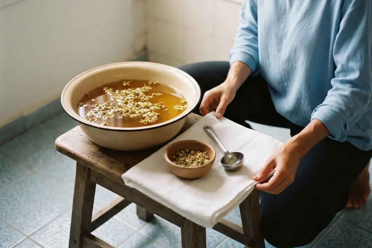 Bacia com infuso dourado de camomila e flores secas ao lado de uma toalha branca