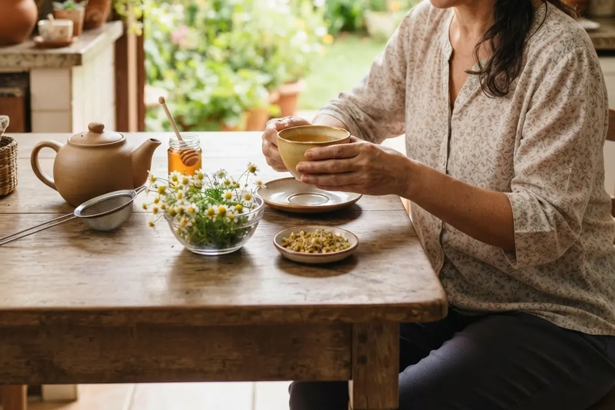 Flores de camomila frescas e secas ao lado de uma xícara de chá dourado