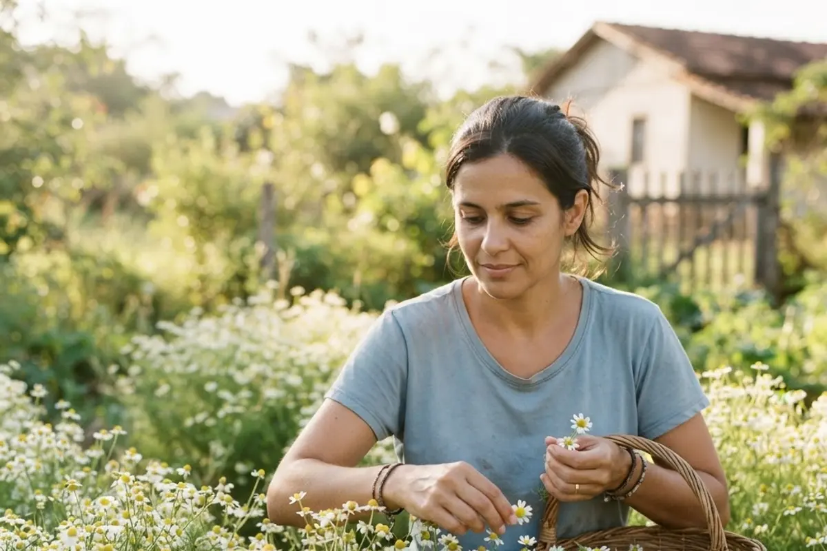 Flores de camomila com pétalas brancas e miolo amarelo em um campo iluminado