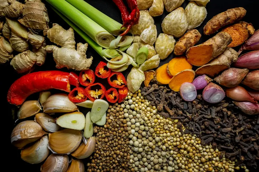 Temperos frescos lado a lado: raízes de cúrcuma e gengibre, alho, cebolas pequenas, capim-limão e sementes