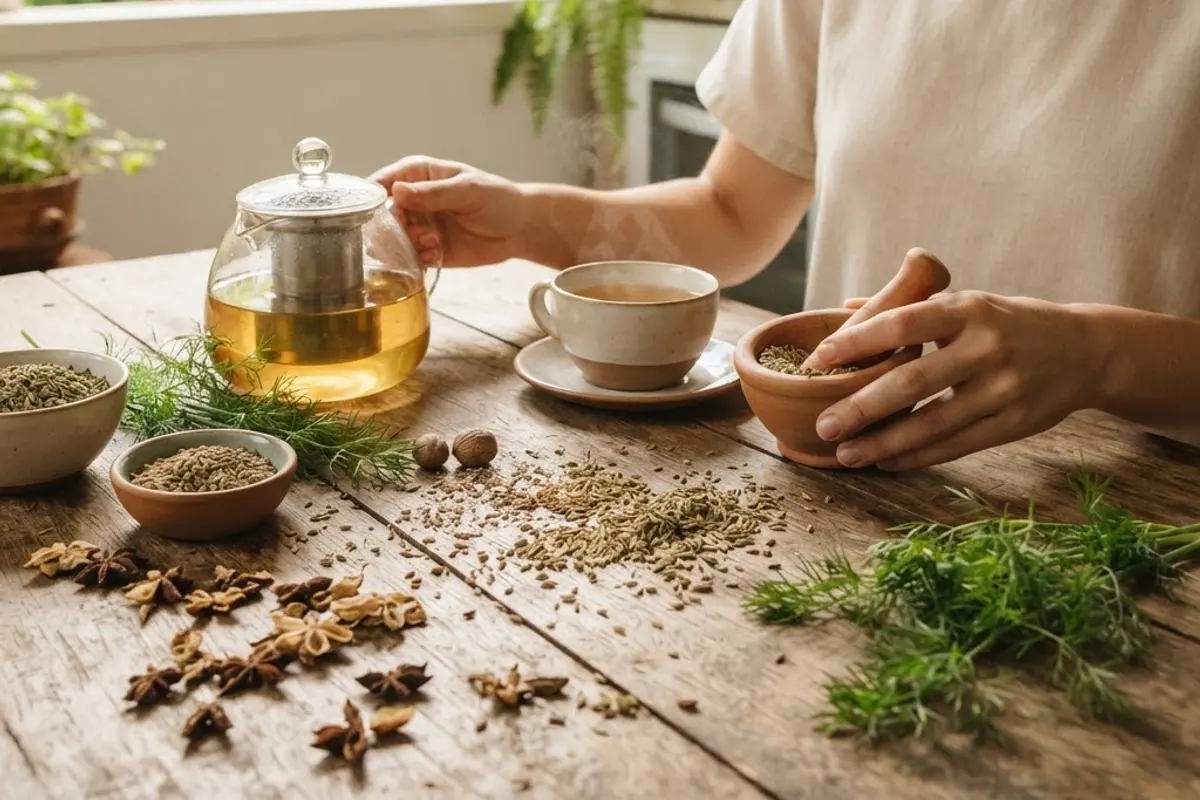 Frutos de erva-doce (anis-verde) espalhados sobre uma mesa de madeira