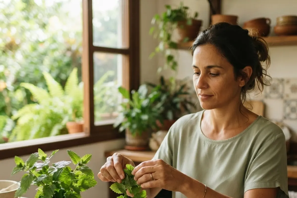 Folhas verdes e serrilhadas de melissa em um vaso, com luz natural da manhã