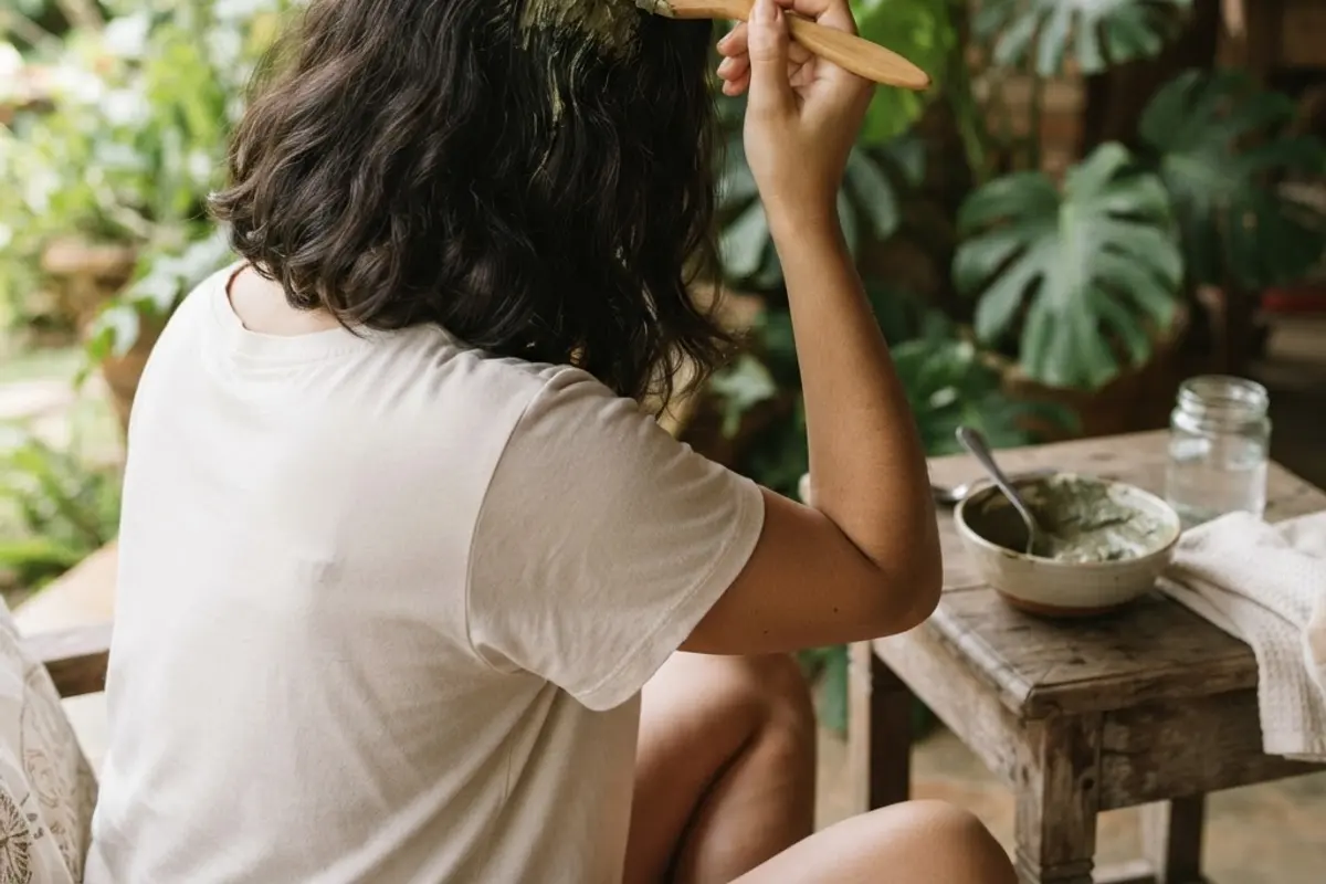Mão com pincel aplicando argila verde na raiz do cabelo
