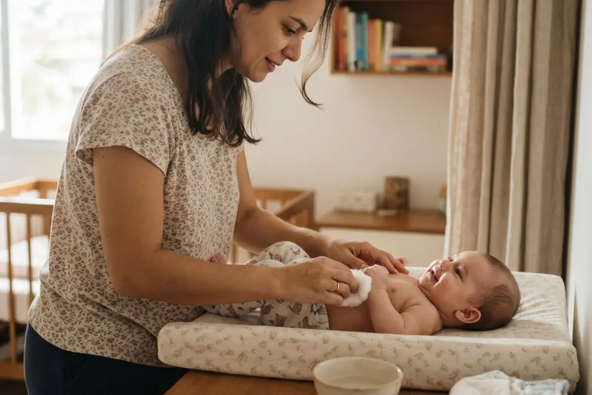 Mãe limpando o bebê com algodão e água morna no trocador