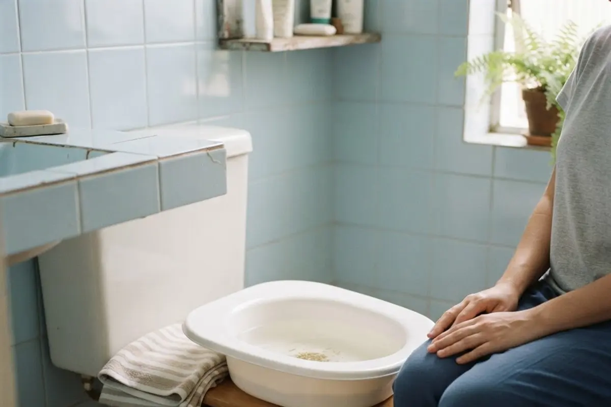 Bacia branca de banho de assento encaixada no vaso sanitário, com toalha dobrada ao lado
