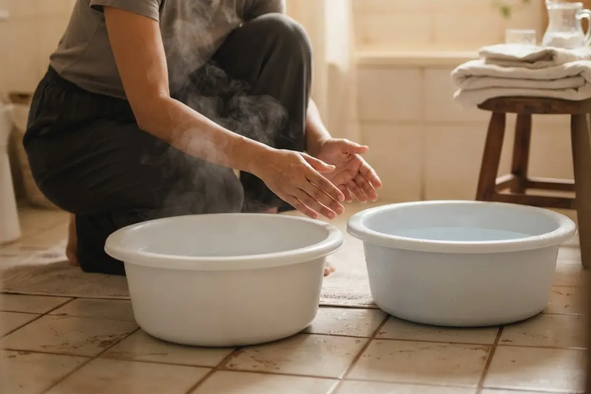 Duas bacias lado a lado, uma com água morna fumegante e outra com água fria, com braços mergulhados