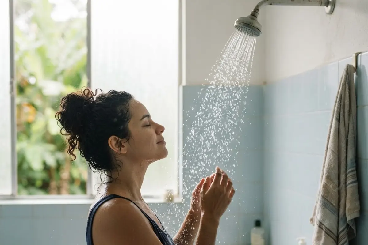 Dois baldes lado a lado, um com água morna e outro com água fria, com pés mergulhados