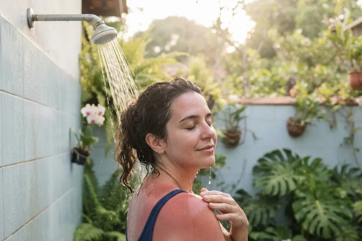 Pessoa sob chuveiro de água fresca com os ombros avermelhados pelo sol