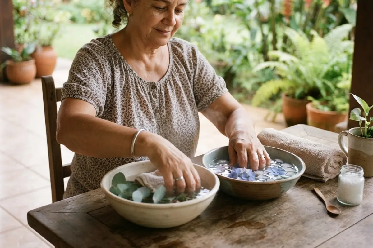 Pessoa terminando o banho com água fresca nas costas, em banheiro iluminado pela manhã