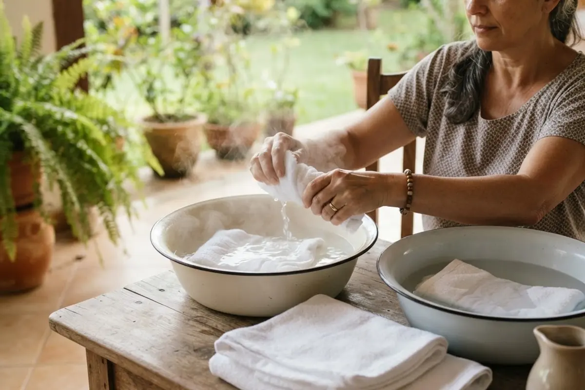 Duas bacias, uma com água quente fumegante e outra com água fria, e toalhas dobradas ao lado