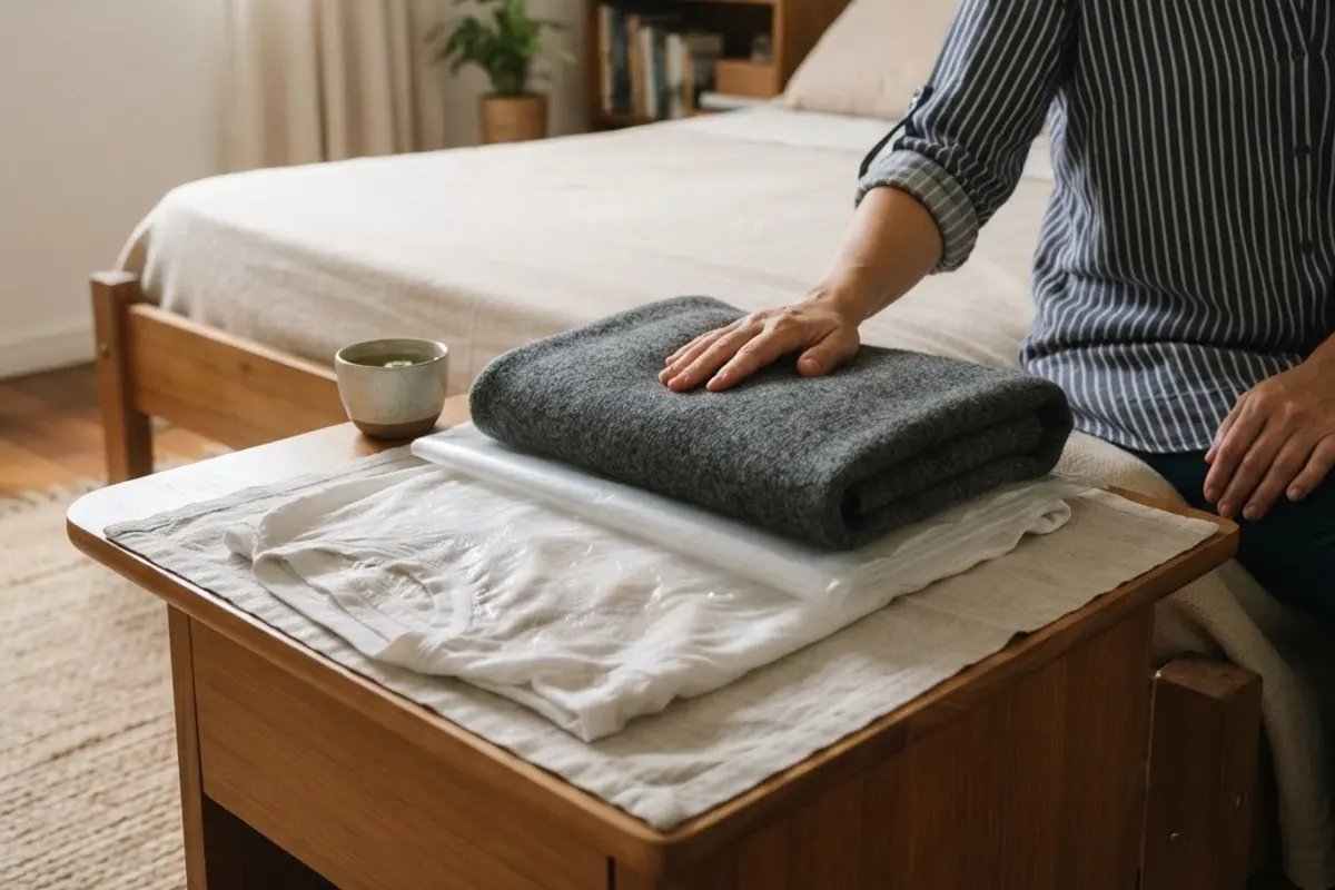Camiseta de algodão úmida, plástico e blusa de lã dobrados ao lado de uma cama