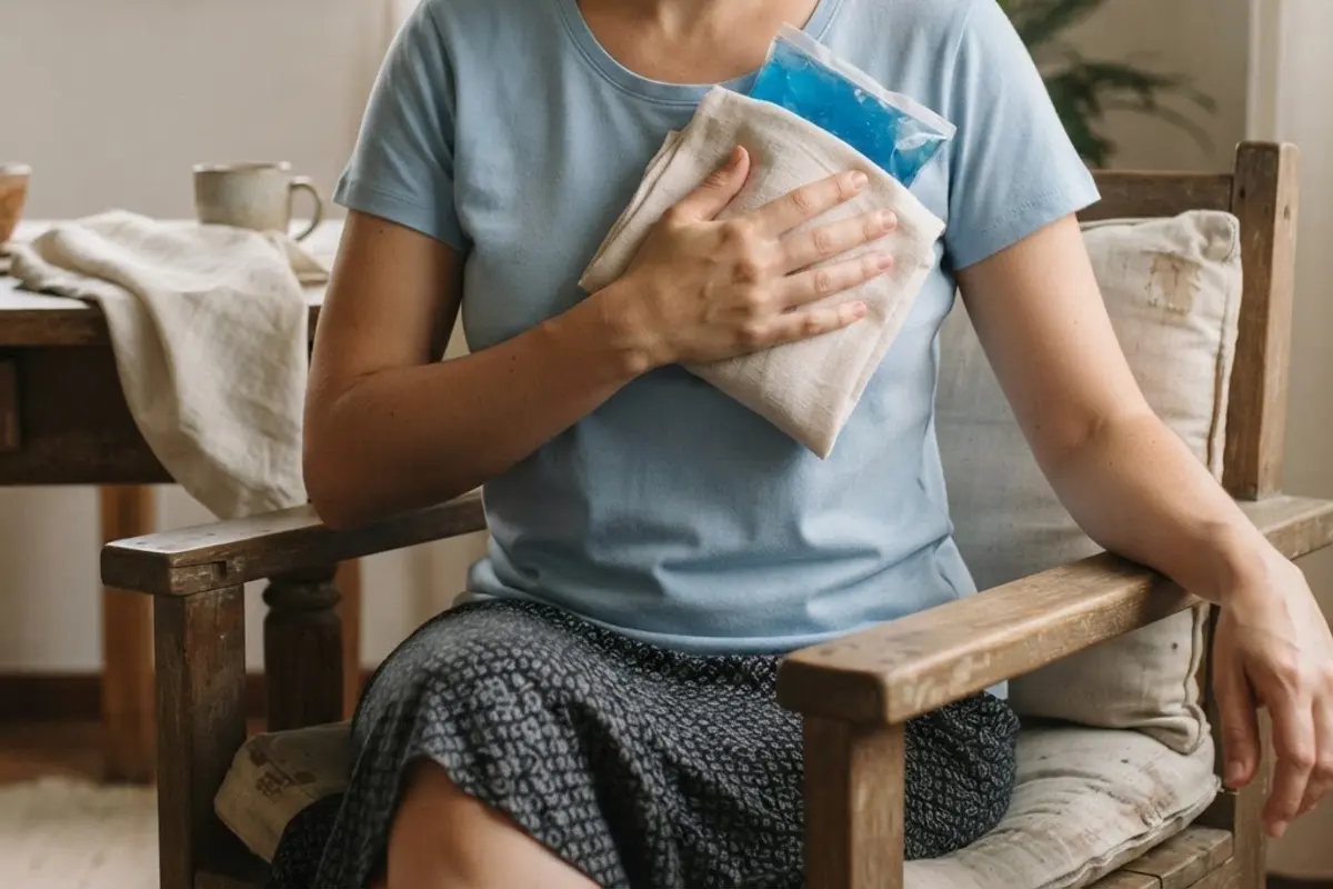 Bolsa de gel frio envolta em pano de algodão claro sobre uma toalha