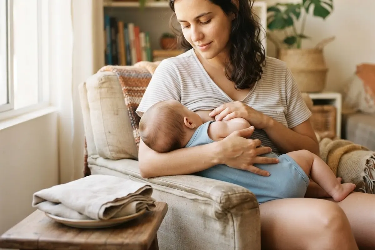 Mãe amamentando o bebê com um pano morno dobrado ao lado, em ambiente tranquilo
