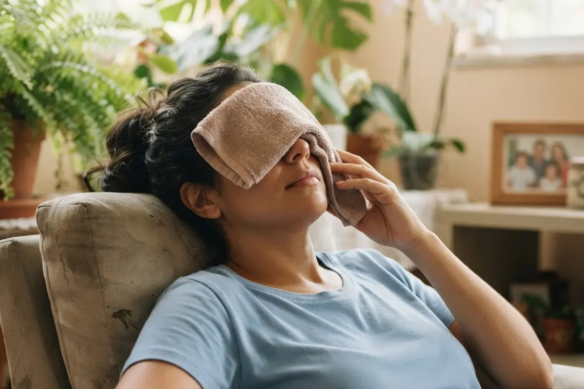 Mulher relaxando com pano morno sobre os olhos fechados