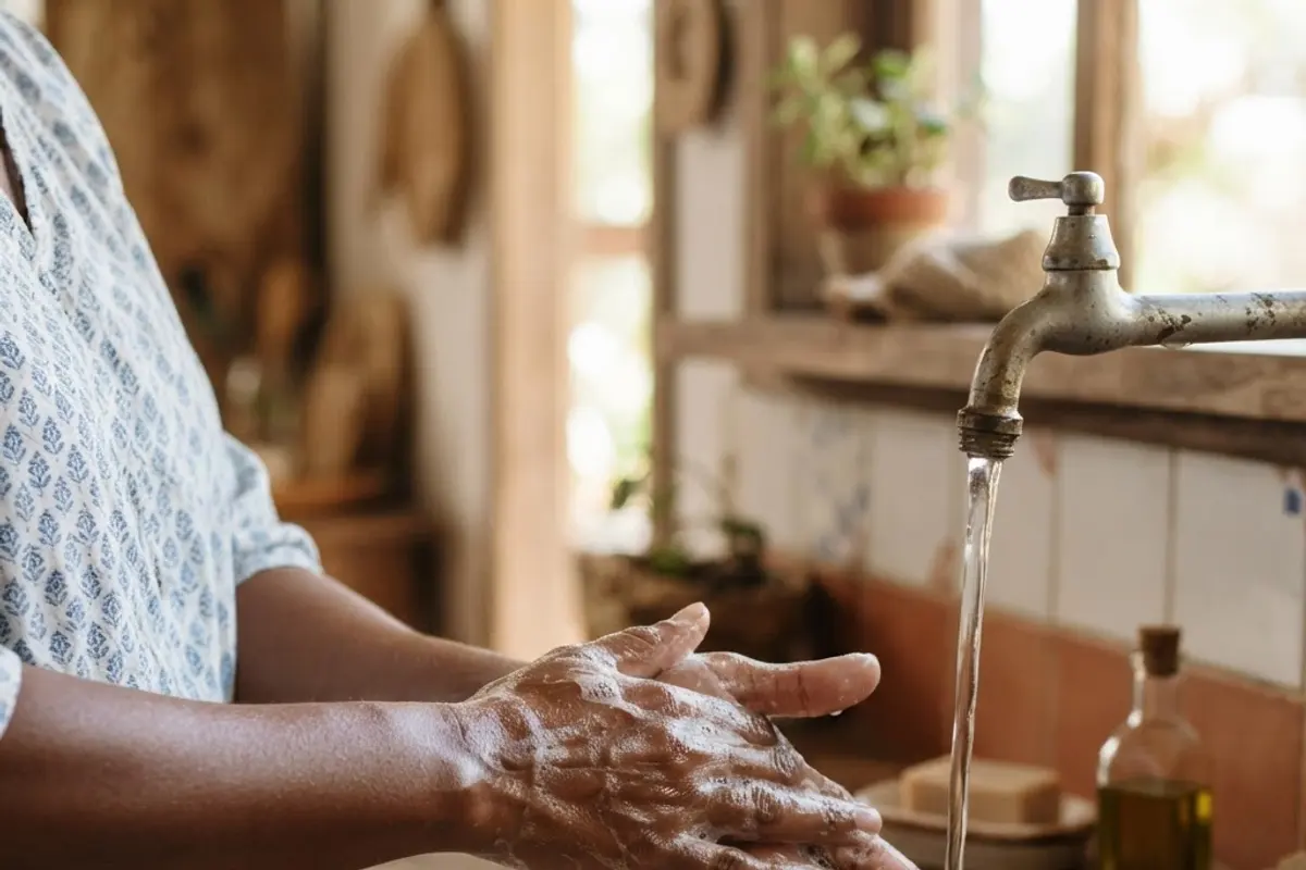 Mãos sendo esfregadas com espuma de sabão sob a torneira