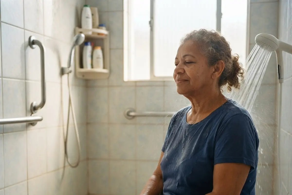 Pessoa lavando o cabelo no chuveiro com espuma suave e água morna