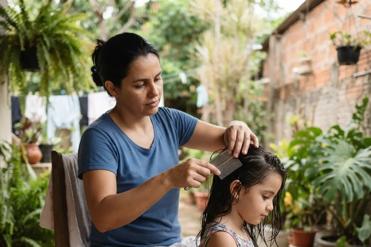 Mãe passando pente fino no cabelo molhado da filha sob boa luz