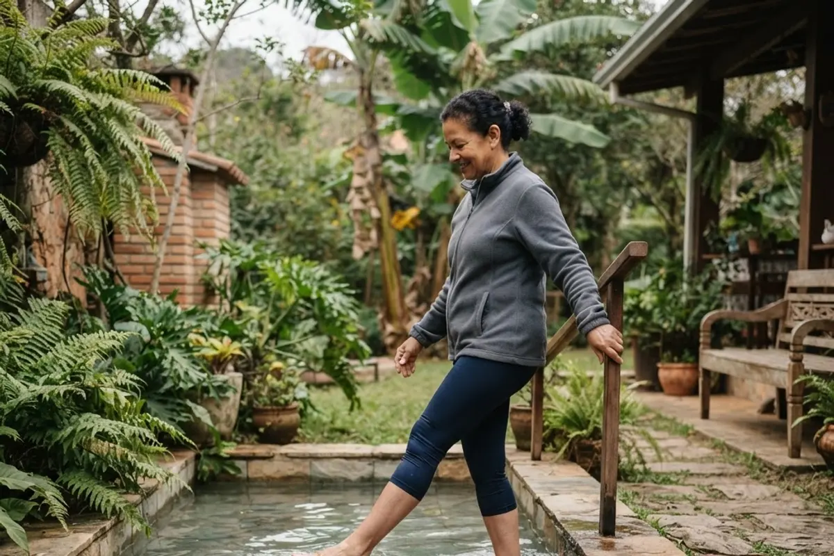 Pernas caminhando dentro de uma piscina rasa de água fria ao ar livre