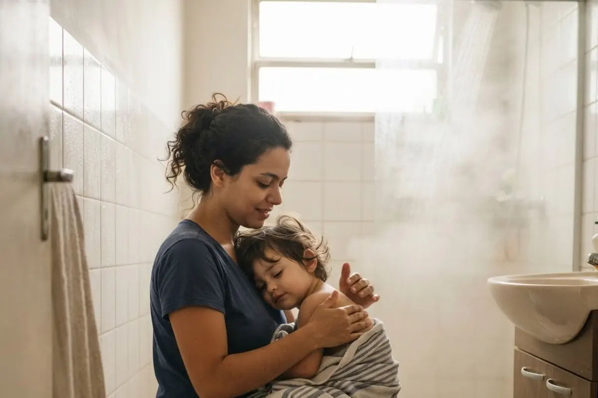 Banheiro cheio de vapor com um adulto sentado segurando uma criança no colo, longe do chuveiro